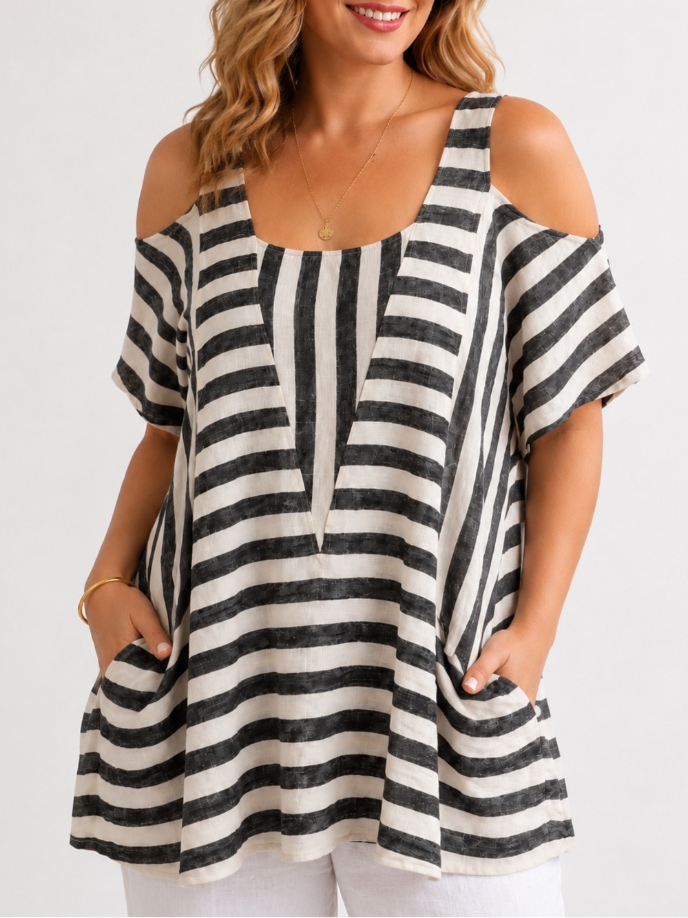 Soft Surroundings Striped Cold Shoulder Tunic Top Pockets Linen Blend